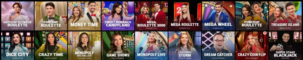 Voodoo Dreams Casino Live Casino Lobby with roulette, game shows and live dealer games
