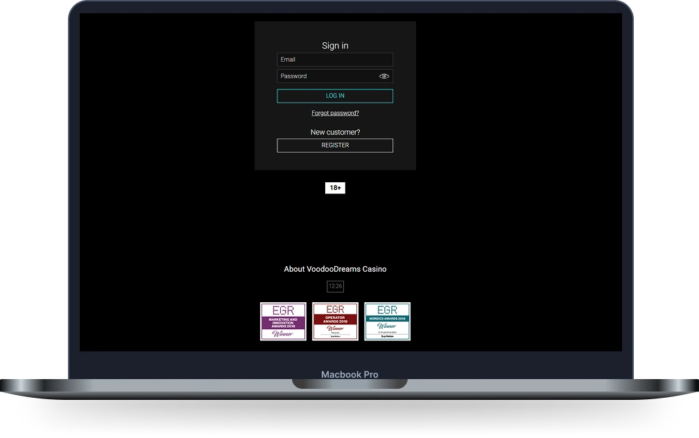 Voodoo Dreams Casino login page displayed on a laptop screen with sign in form