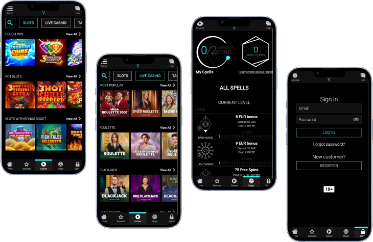 Voodoo Dreams Casino mobile interface showing slots, live casino, rewards and login screens