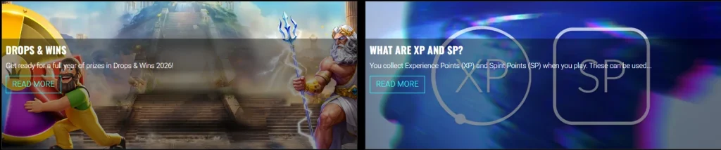 Voodoo Dreams Casino promotions page showing Drops & Wins and XP and SP reward system