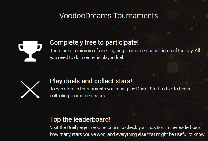 Voodoo Dreams Casino Tournaments page with duels, stars and leaderboard rewards